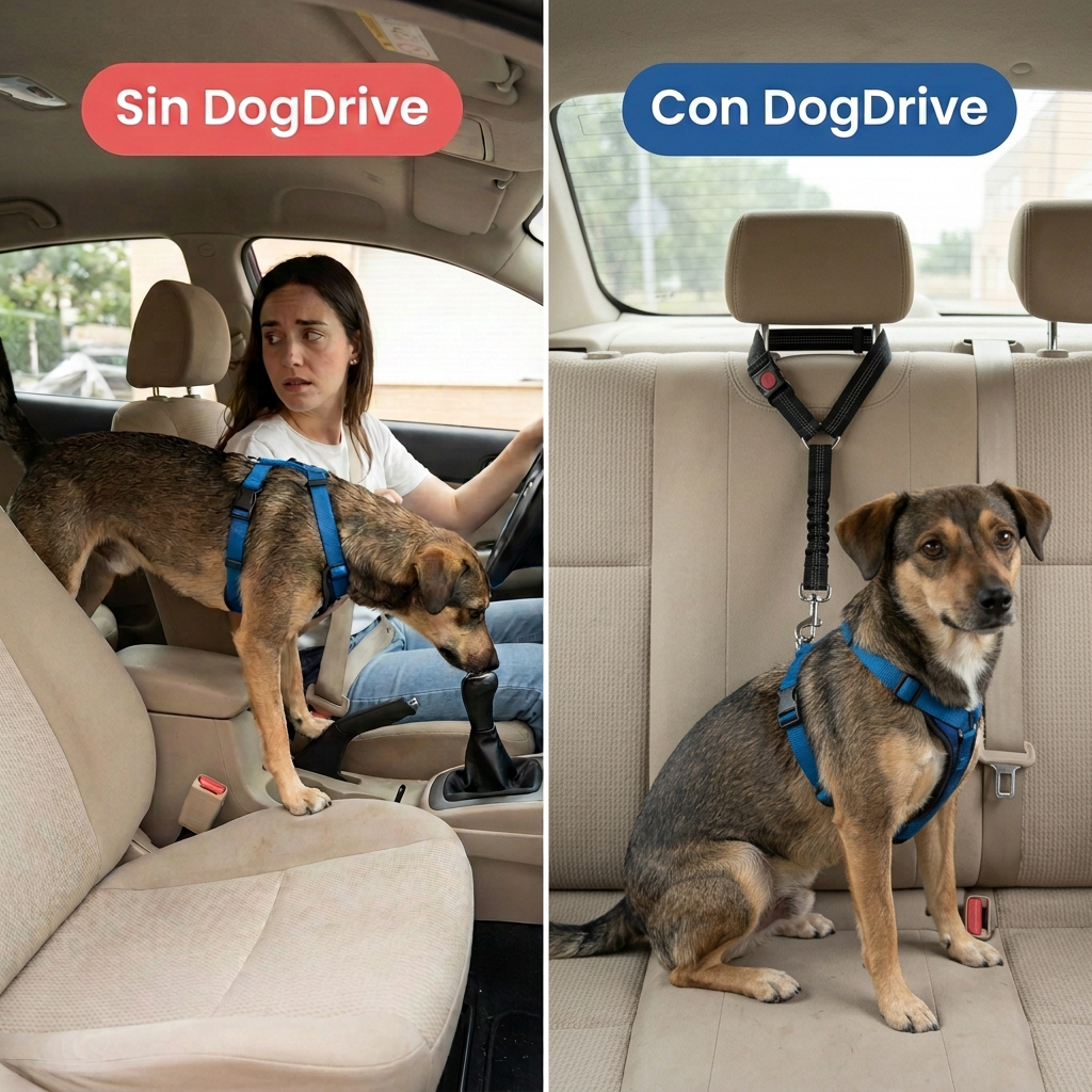 Perro en el coche antes y después de usar el cinturón DogDrive