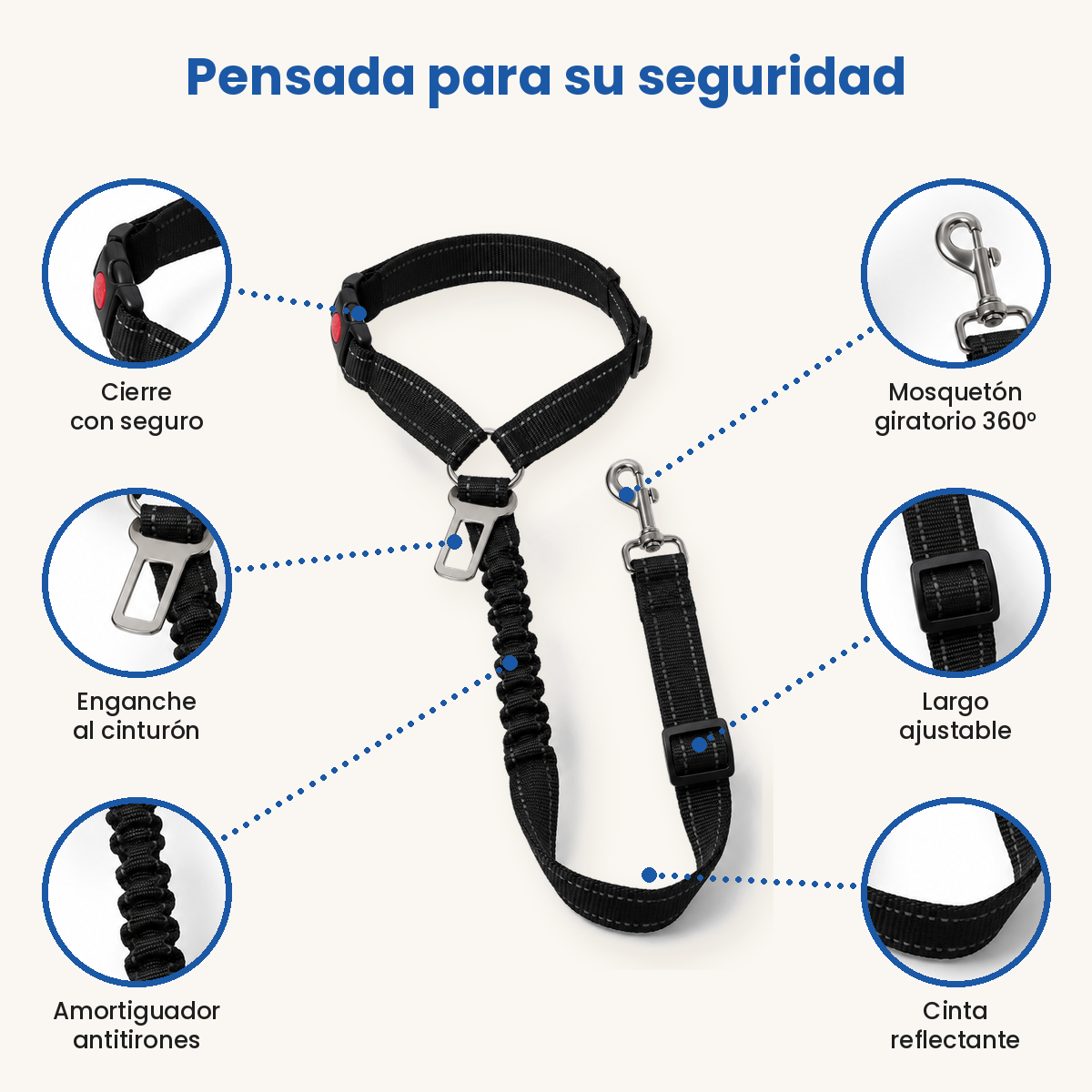 Detalles del cinturón para perros: tramo elástico, mosquetón giratorio y cinta reflectante