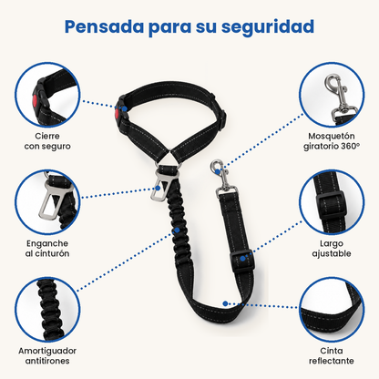 Detalles del cinturón para perros: tramo elástico, mosquetón giratorio y cinta reflectante